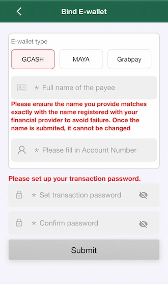 Step 3: Provide your wallet address and transaction password.